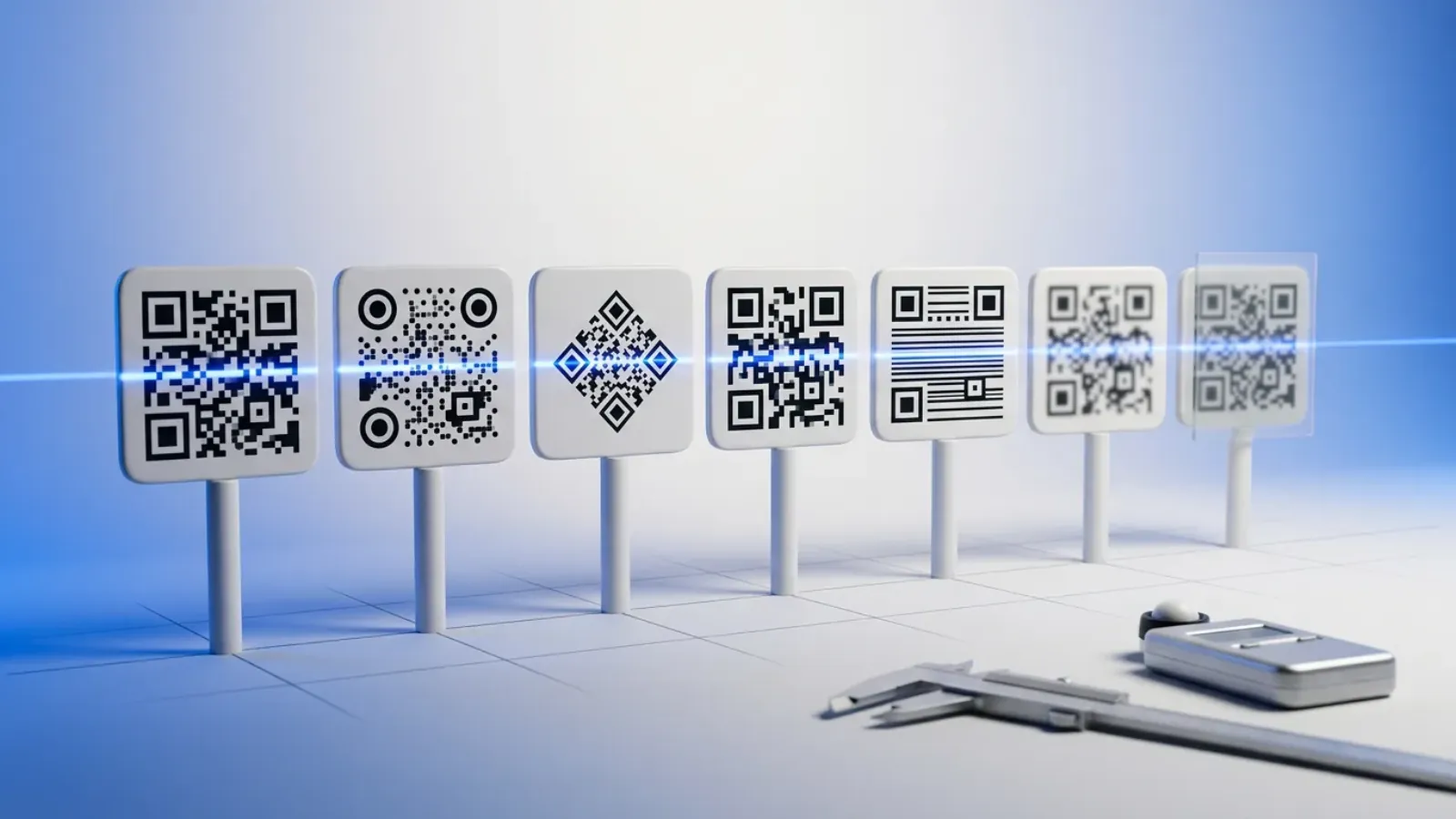 Seven different QR code tiles on pedestals being scanned by a line of blue light in a test lab