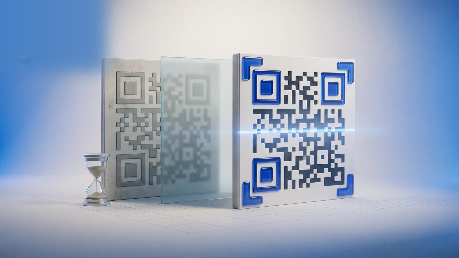 A faded stone QR code beside an hourglass whose sand has run out, a frosted glass pane, and a bright QR code tile with a blue scan line passing across it