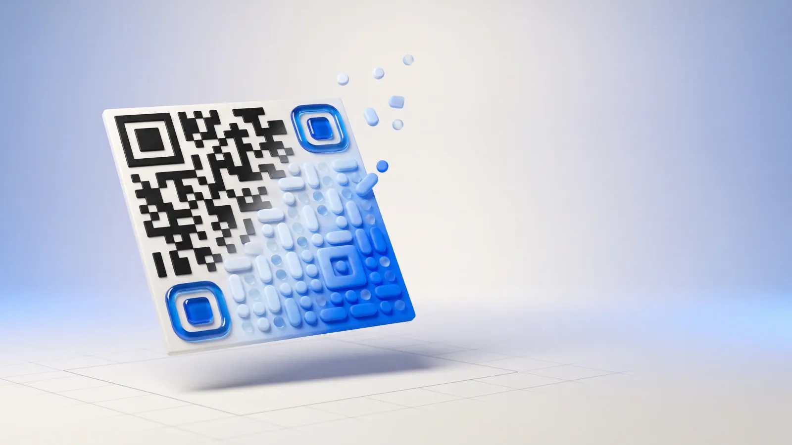 A plain black-and-white QR code tile transforming into a rounded, blue-gradient designed QR code