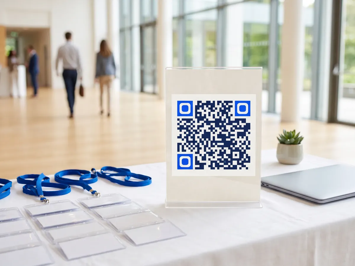Event check-in desk with a QR code stand next to name badges and lanyards