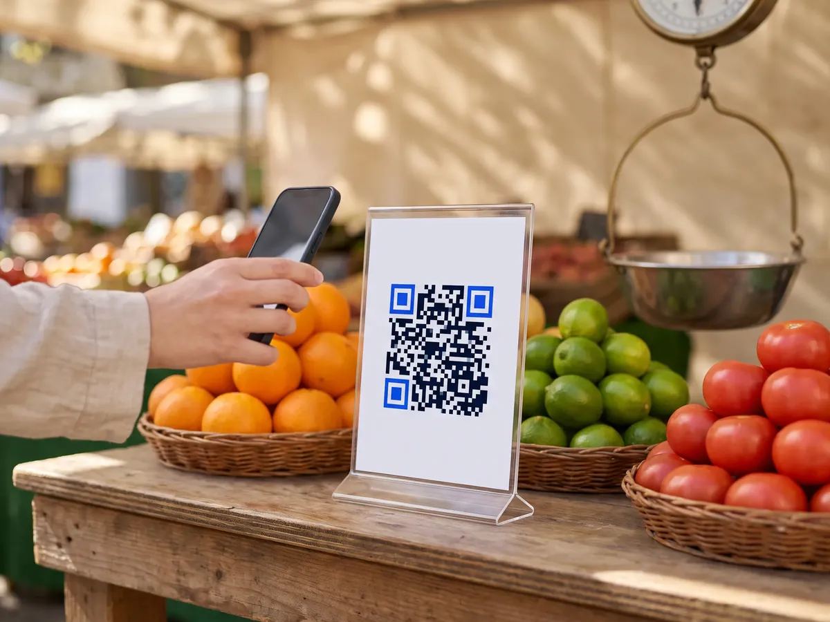 Hand holding a phone up to a payment QR code stand at a fruit market stall