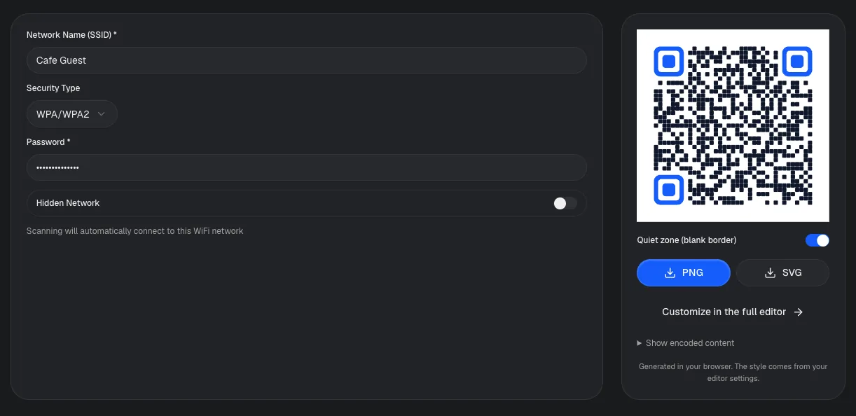Wi-Fi QR code generator with network name, security type and password fields and a QR code preview with PNG and SVG download buttons