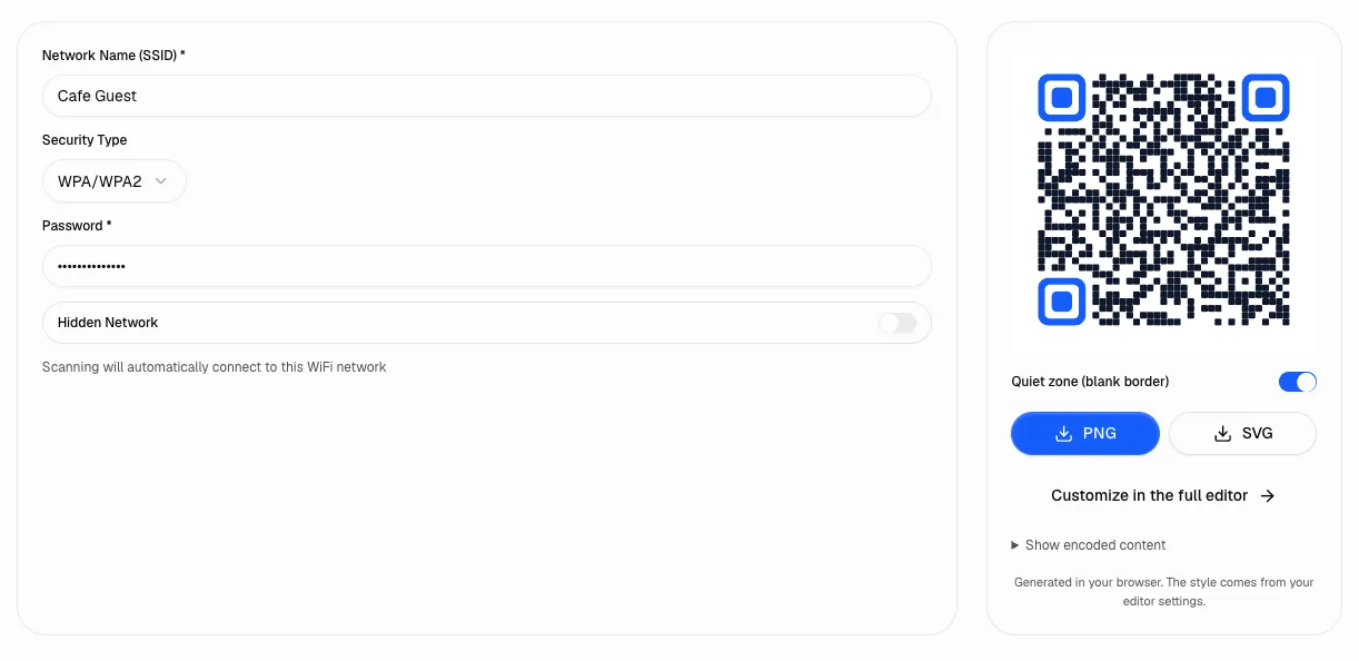 Wi-Fi QR code generator with network name, security type and password fields and a QR code preview with PNG and SVG download buttons