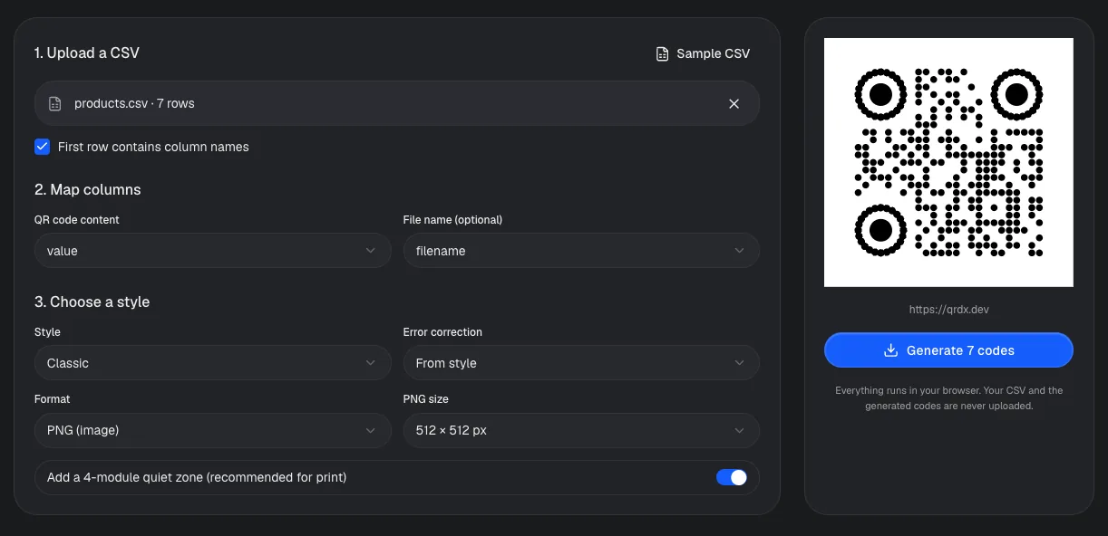 Bulk QR code generator with an uploaded seven-row CSV, column mapping, style and format options and a Generate 7 codes button