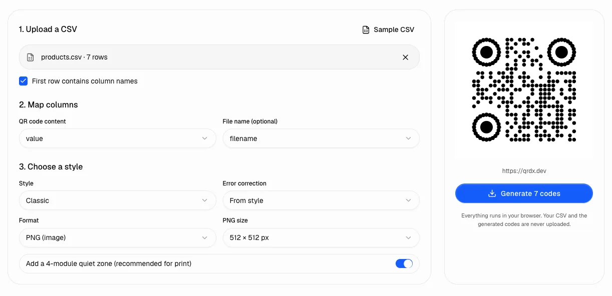 Bulk QR code generator with an uploaded seven-row CSV, column mapping, style and format options and a Generate 7 codes button