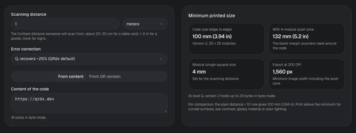 QR code print size calculator showing a 100 mm minimum code size for a 1 meter scanning distance