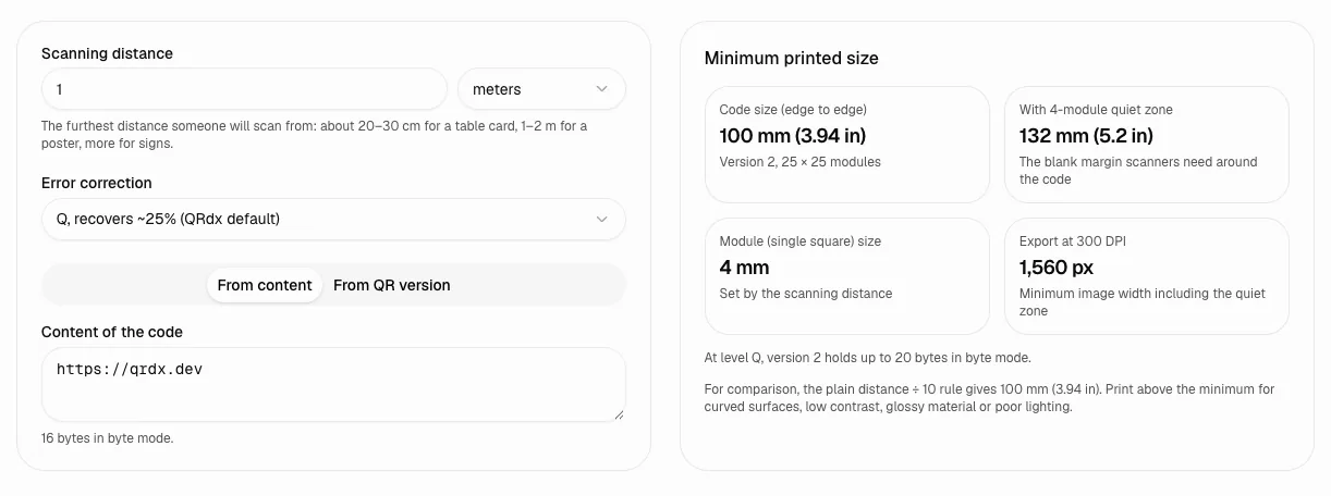 QR code print size calculator showing a 100 mm minimum code size for a 1 meter scanning distance