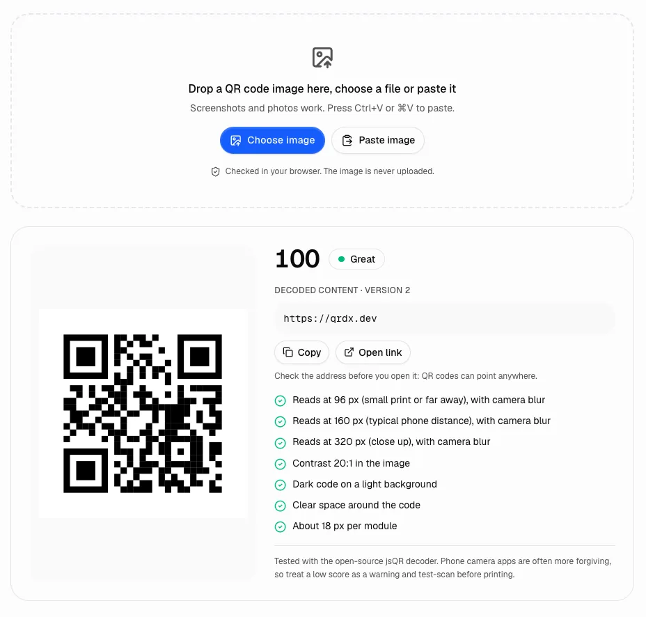 QR code scan checker result: score 100, the decoded link and passed checks for small sizes, contrast and clear space