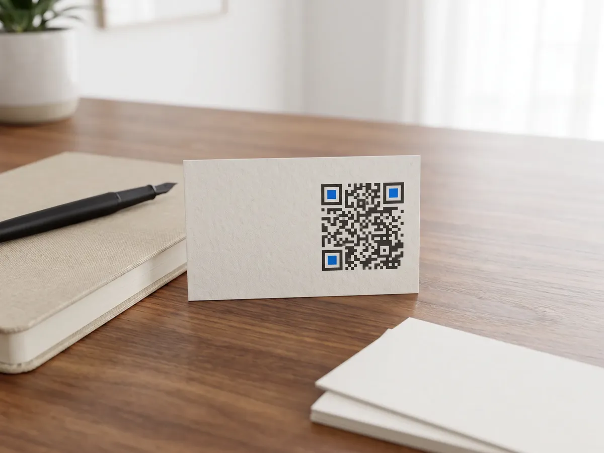 Business card with a QR code on a desk beside a notebook and pen