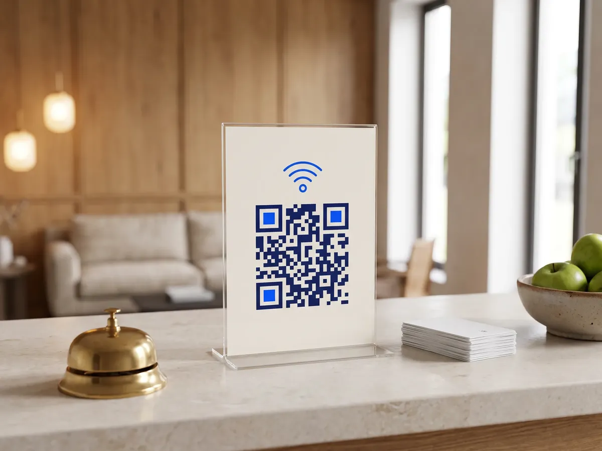 Small sign with a Wi-Fi QR code on a hotel reception desk